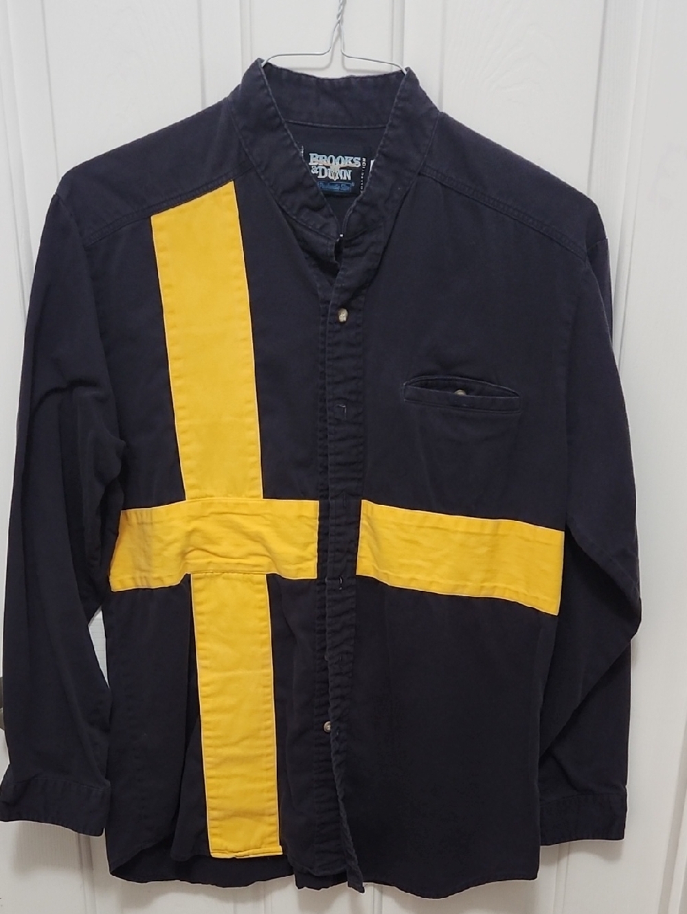 Brooks Brothers Navy Button-Down Shirt with Yellow Cross Accent
